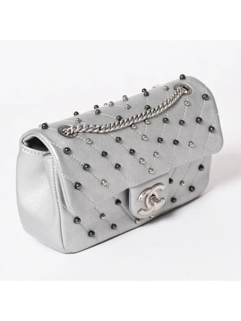 Chanel Chevron Stud Wars Chain Shoulder Bag CC Logo Calfskin Silver